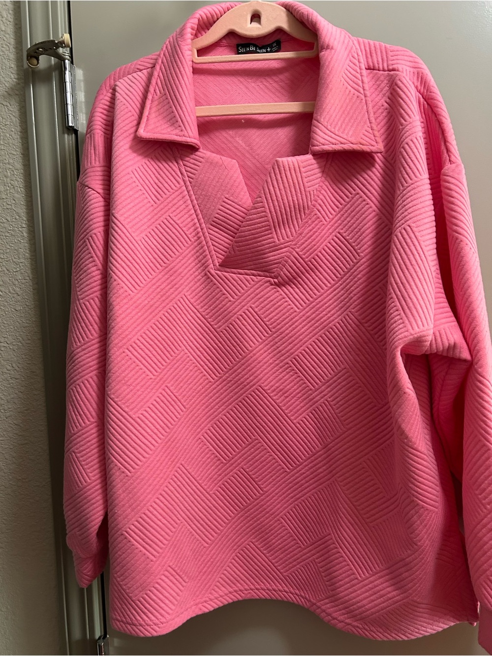 Susan Graver Bright Pink Textured V-Notch Pullover